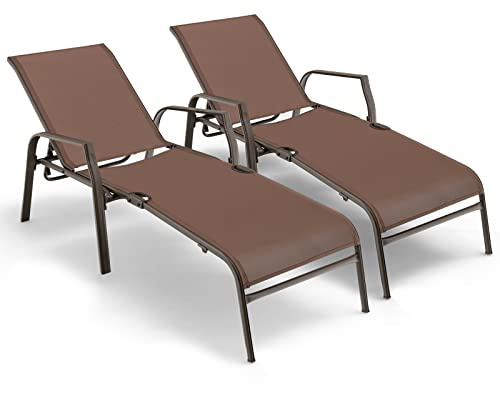 GOPLUS Lot de 2 Chaises Longues avec Dossier Réglable, Chaise Longue Inclinable en Textilène avec Cadre Métallique, Fauteuil Relax Pliable, Charge Max 150 KG, pour Jardin, Terrasses, Marron