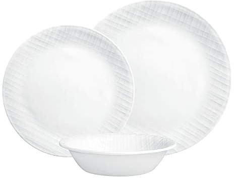 Corelle Dinnerware Set (12pc Set, Linen Weave)-Dinner Set for 4 Includes 4 x: Dinner Plates, Side Plates & Bowls 3 X More Durable, Half The Space & Weight of Ceramic up to 80% Recycled Glass, 1146908