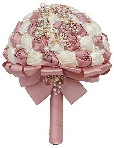 Sharebeauty Ramo de novia redondo de satén hecho a mano de 7.1 pulgadas, ramo de flores artificiales, rosa pastel + marfil