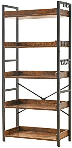 HCHQHS Adjustable 5 Tier Open Bookcase, Rustic Farmhouse Book Shelves, Industrial Wood and Black Metal Bookshelves, Mid Century Bookcase for Home Office Living Room Bedroom