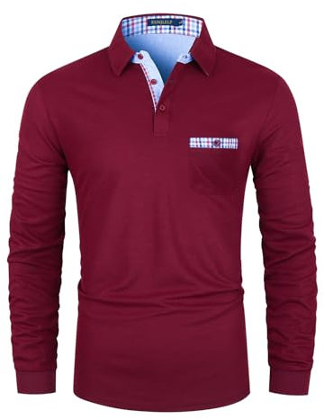 KUNJLELP Men's Premium Long Sleeve Polo Shirt Casual Cotton T-Shirt with Real Pocket,Red 37,L