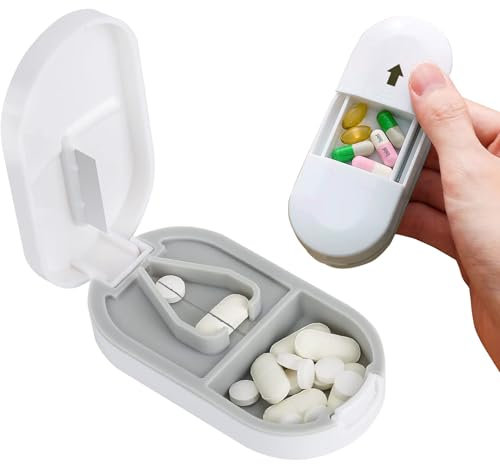 Coupe pilule, pilulier 2 en 1 pour petits comprimés avec distributeur - Pilulier portable pour petits ou grands comprimés avec lame en acier inoxydable, pilules, vitamines, comprimés (Blanc)