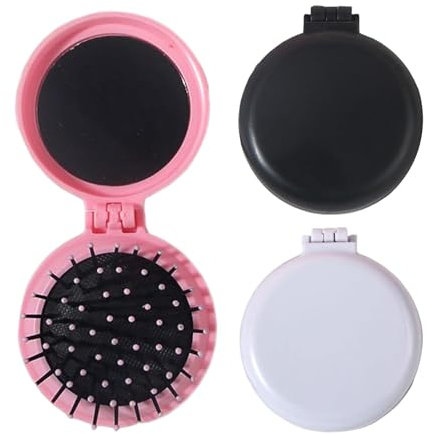Wilsonzin 3 Stück Mini-Haarbürste Faltbare Kamm mit Reise Spiegel Reise Haarbürste für Damen,Reisegröße Haarmassagekamm Rund Mini Haarkamm für Arbeit, Reise, (Rosa, Schwarz, Weiß)