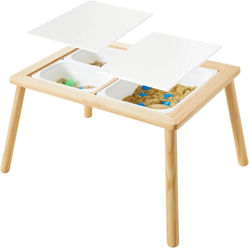 Asweets Table pour Enfants, Sensorielle en Bois, Multifonctionnelle de Sable d'activité, Table Sable et Eau avec 3 Bassins Pliants et 2 Couvercles, pour Étude et Repas