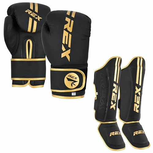Rex Sports Boxing gloves with Shin Instep for Kickboxing Heavy duty punching gloves MMA fighting pads, Muay Endurance shinpads Sparring gloves MMA GOLD (GLOVES SIZE 10 OZ, SHIN SIZE XL)