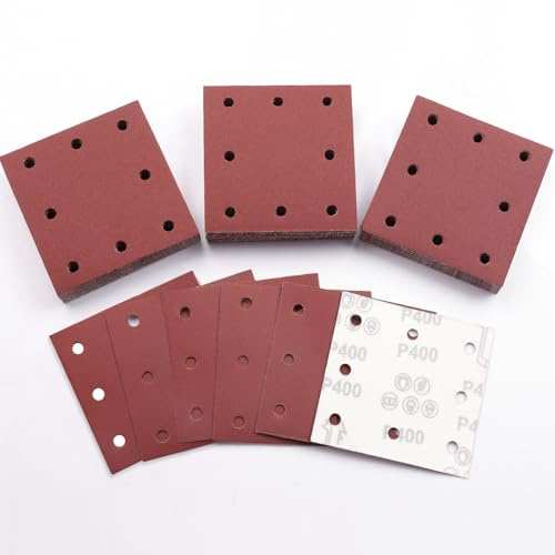 Sruhrak 110x115mm Schleifpapier, 50 Stück Schleifblatt 400 Körnung Set Rechteckiges Schleifblatt Klett 8 Löcher Schleifpad für Schwingschleifer
