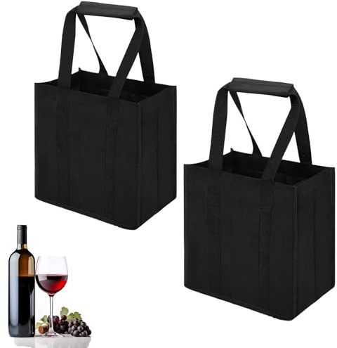 XcnPer Bottle Carrier 2PCS Bottle Bags for Wine Reusable 6-Bottle Holder with Sturdy Base, Black Polypropylene Non Woven Fabric, Ideal for Parties, Picnics, and Home Storage