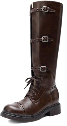 DREAM PAIRS Botas altas hasta la rodilla para mujer, botas de combate góticas, con cordones, hebillas ajustables, tacón bajo grueso, botines de otoño con cremallera lateral para poner y quitar, Marrón
