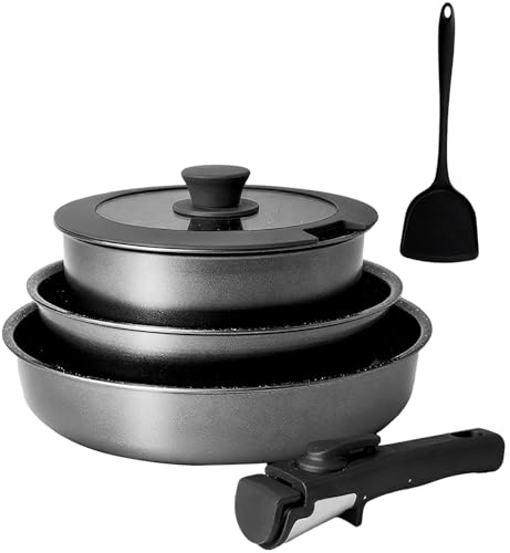 MSMK Pots and Pans Sets Non Stick, 6PCS Ceramic Cookware Sets Nonstick Detachable Handle, Induction hob Pans PFAS PFOA & PTFE Free