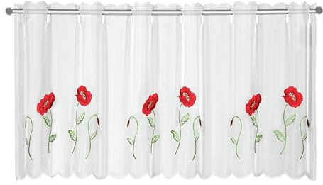 Sehlbach Bistrogardine Voile Stickerei Mohnblume, Weiß, 155 x 45 cm Bistrogardine, Elegante Stickerei, Lichtdurchlässig, Einfache Befestigung, Öko-Tex Zertifiziert