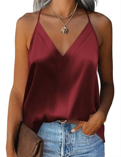 Zeagoo Womens Silk Satin Tank Tops V Neck Sleeveless Camisole Cami Spaghetti Straps Blouse Summer Loose Racerback Shirt Wine Red