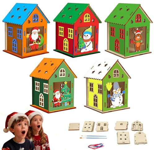 Kit de Bricolage en Maison en Bois Hanoukka, 7 Pièces Bricolage maison Automne en b-ois, Kit de Loisirs Créatifs ma-ison Automne, Mai-son Noel Arbre Kit de Bricolage en Bois, pour Noël de décoration