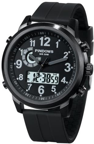 PINDOWS Watches for Men, 30M Waterproof Military Digital Analog Outdoor Sport Watch Multifunctional Wristwatch with Dual Time LED Backlight Alarm Stopwatch Calendar