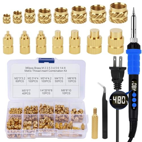 390PCS Soldering Iron Heat Set Insert Tool,90W Digital Soldering Iron with 380 PCS Threaded Inserts Nut,6PCS Heat Set Insert Tips,2PCS Soldering Tip Connecting Rods (390PCS)