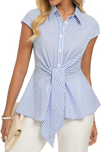 GRACE KARIN Women's Striped Tops Summer Peplum Cotton Shirt Smart Casual Office Work Blouse Tie Front Cap Sleeve Tunic Light Blue L