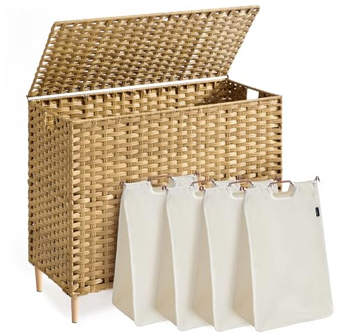 SONGMICS 4-Section Laundry Hamper with Lid, 55.4 Gal (210L) PE Rattan Laundry Basket with Removable Washable Liners, for Bedroom & Living Room, Goose Yellow ULCB224YE01