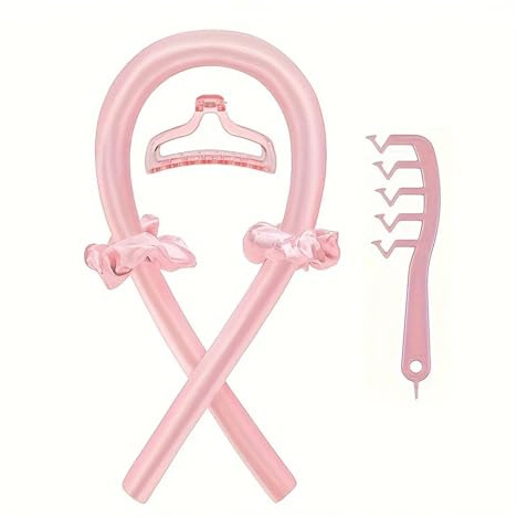 Ensemble de coiffure 4 en 1, 5 pièces, bâton à friser sans chaleur, bandeaux, Clips, peigne dents larges(Pink)