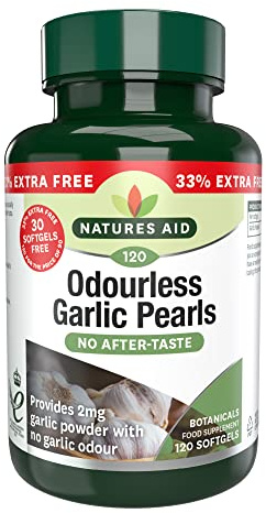Natures Aid Odourless Garlic Pearls - Supports Heart Health and Circulation - Antioxidant - Non-GMO, Gluten-Free - One-a-Day Easy to Swallow, Tasteless Supplement - 120 Softgel Capsules