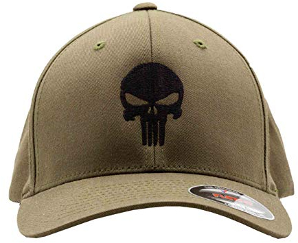 Café Viereck ® Unisex Cap Wooly Combed – Gestickt mit Punisher Zeichen – für Männer und Frauen (Olivgrüne Cap mit schwarzem Punisher, XS (53 cm))