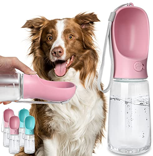 Kalimdor Bouteille d'eau pour chien, distributeur d'eau portable anti-fuite avec mangeoire pour animaux de compagnie, promenade, randonnée, voyage, plastique de qualité alimentaire (538,6 g, rose)