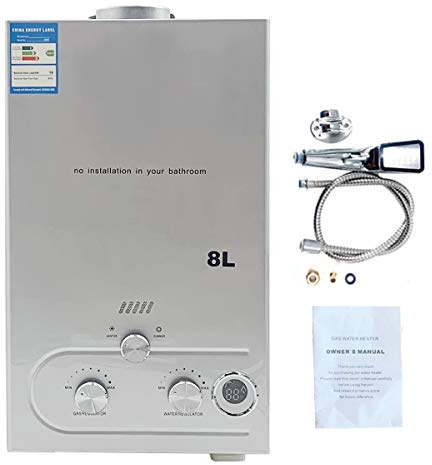 Cozyel Tragbarer Gas Durchlauferhitzer 8L 16KW Propangas Campingdusche für Dusche im Außenbereich Dusche Bad Warmwasser Camping Dusche LPG Warmwasserbereiter Warmwasser Tankless Instant, Silber