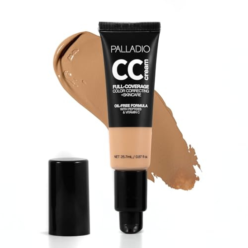 Palladio Full-Coverage Color Correction CC Cream, Oil-Free with Peptides & Vitamin C, Best for Correcting Redness and Uneven Skin Tone, Buildable Foundation Coverage (Tan 40W)