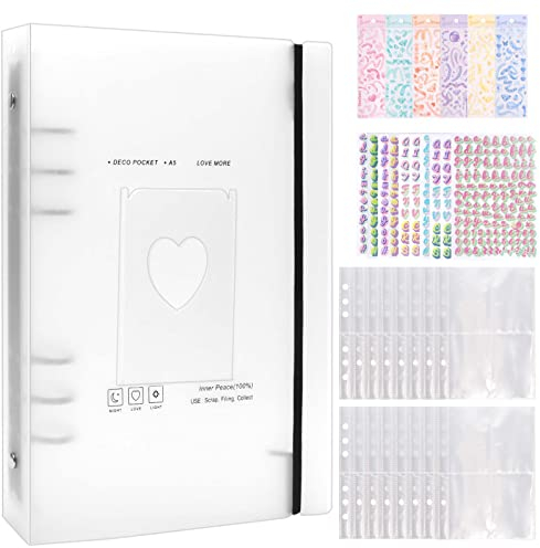 A5 Binder Fotoalbum, Fotoalbum für Kpop Fotokarten, 6 Ringe Ringordner 30 Blätter 4 Fächer 4 Zoll Fotosichthüllenin Loseblatt, Weiß A5 Ringbuchhülle Fotoalbum mit 16 Aufklebern zur Bildaufbewahrung