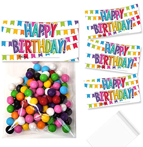 Amanda Creation Colorful and Bright Happy Birthday Themed Bag Toppers for Party Favor Treat Bags, Set of 20 Bag Toppers With 20 Self-Adhesive Bags Also Included