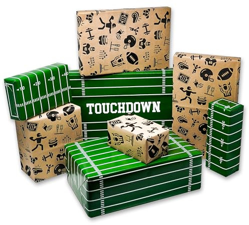 40YARDS Papel de regalo de fútbol americano, 8 hojas de 70 x 50 cm: 4 patrones de campo de juego y 4 iconos de fútbol en papel kraft – Papel de regalo para cumpleaños, Navidad y fiesta de fútbol