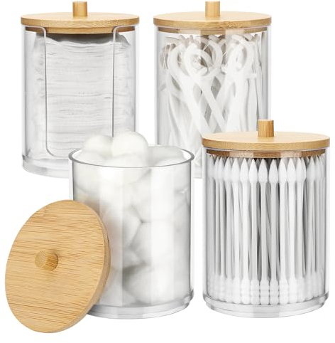 Gowkeey 4 Stück Wattestäbchen Behälter, Acryl Wattepads Aufbewahrung, Wattestäbchen Halter, Wattebällchen Behälter Box, Wattepadspender für Schminktisch Badezimmer (B)