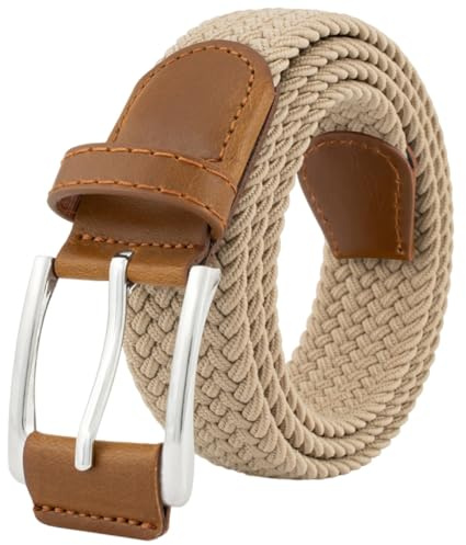 BOZEVON Cinturón Trenzado Elástico - Cinturon de Tela Unisex Casual Cinturones Elásticos Extensible Tejidos Cinturón Vintage con Hebilla de Aleación para Hombres y Mujeres - Beige
