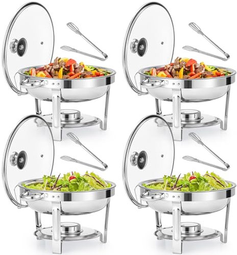 WILPREP Chafing Dish Buffet Set, 4 Pack 5 qt Round Chafers for Catering with Glass Lid & Lid Holder Water Food Pan Fuel Holder, Stainless Steel Food Warmers for Parties Buffets Banquets Dinners