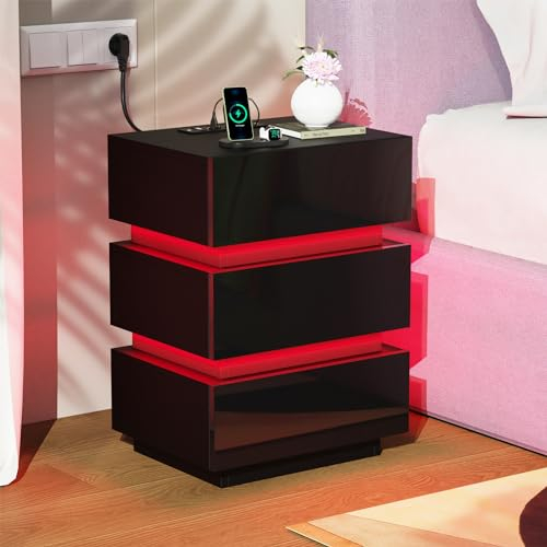 PIPIPOXER Nachttisch LED mit Steckdose & USB, Nachttisch Schwarz Hochglanz mit 3 Schubladen, Nachtschrank LED mit 16 Farbe RGB Licht, Nachtschrank Tisch, Beistelltisch für Wohnzimmer, 45x35x61cm
