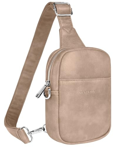 Vantamo Sling Bag for Women 29-52 Adjustable Strap, Extra Safe Cross Body Bags for Women with RFID & Anti-Pickpocket Clip, Smooth PU Leather Pack with Gift Box, Universal Sand Brown Crossbody