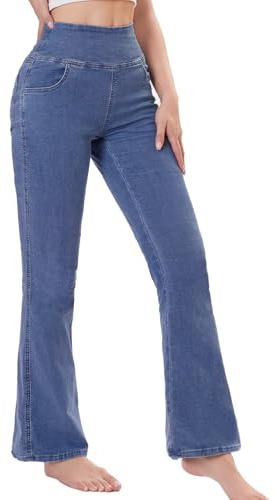 Chasehot Jean Femme Taille Elastique, Jeggings Taille Haute Bootcut avec Poches Flared Mode Slim Pantalon Denim Leggings Évasé Jambe Large Stretch,Bleu marine-L-31