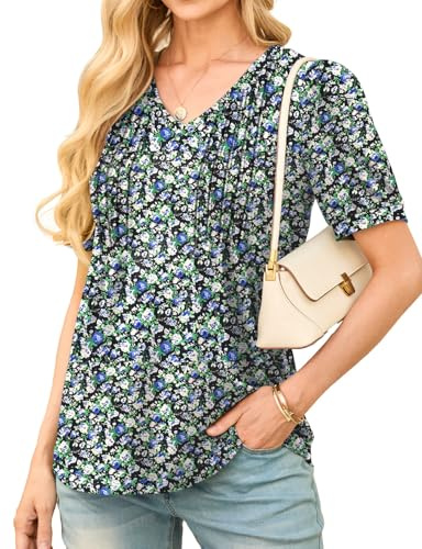 GRECERELLE Top da donna con scollo a V, maniche corte a sbuffo, T-shirt estiva per donna, tunica da donna, casual, plissettata, con stampa floreale, bluse a maniche corte, XL
