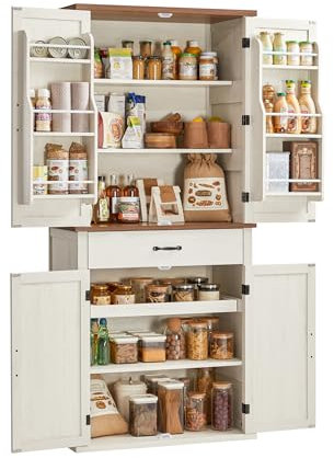 VASAGLE Küchenschrank, 178,6 cm hoher Mehrzweckschrank, Landhausstil, mit Schiebetüren, Schublade, Ablage und verstellbaren Einlegeböden, für Küche Esszimmer, vintageweiß BBK364W02