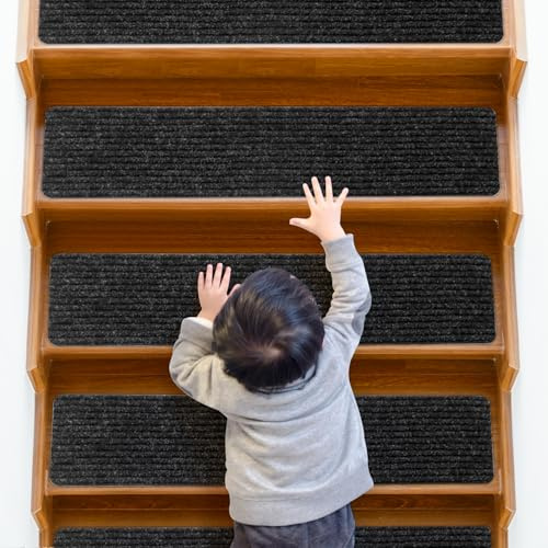QWORK® Paquete de 15 Pisadas Antideslizantes 76x20 cm, Alfombras Autoadhesivas para Escaleras Interiores de Madera
