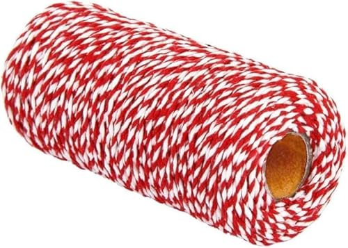 Cuerda de algodón para panaderos, cuerda roja y blanca para carniceros, para hornear, cocinar, manualidades, envolver, 100 m, cordel de jardín, lazos de jardín, artes y manualidades