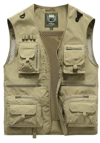 YAOTT Herr sommar utomhus ärmlös nätjacka väst med flera fickor safari resa fotoväst multifunktionell väst arbete fiskarväst gilet, kaki, M