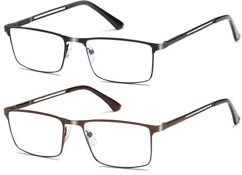 Fsread 2 Pack Blue Light Blocking Reading Glasses For Men with Spring Hinges Rectangular Reader Full Frame Ultralight Metal Frame +1.25