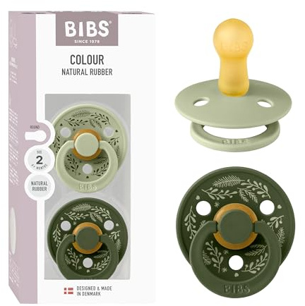 BIBS Colour Holiday Soother 2-Pack, BPA Free Dummy Pacifier, Round Nipple. Natural Rubber Latex, Made in Denmark, Size 2 (6-18 Months), Sage/Hunter Green