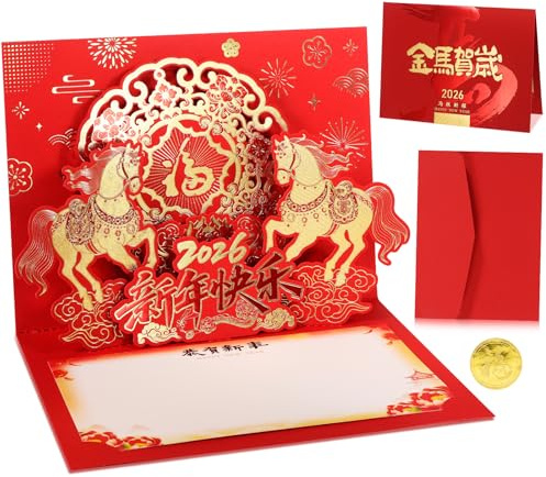 HOWAF Happy Chinese New Year Card 2026 with Envelope, Year of The Horse Card 3D Pop Up Greeting Cards Good Luck for Spring Festival 2026, Lunar Chinese New Year Gift, B