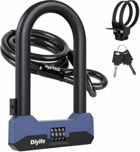 Diyife Bike U Lock Heavy Duty Anti Theft with 5FT Steel Cable, 18mm Shackle, 4-Digit Combination High Security Bike Lock with 2 Keys and Mounting Bracket for Electric Scooter, Ebike, Road, Motorcycle