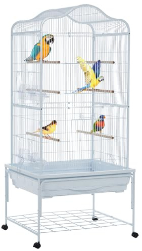GarveeHome Jaula Extensa para Pájaros De Hierro Forjado con Ruedas 360° – Grande para Loros, Periquitos y Cotorras – Interior y Exterior con Bandeja Extraíble, Blanco