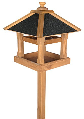 Elegant massivt trä fågelhus 130400 med stativ 140 cm hög och täckt med gren tak manger matare frö bricka