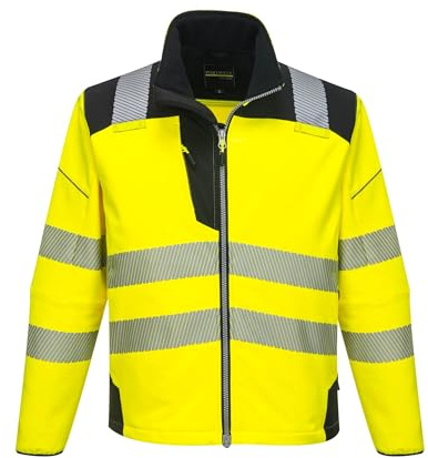 Portwest T402 Men's PW3 Hi Vis Safety Jacket - Windproof Water Resistant High Visibility Reflective Softshell Jacket Yellow/Black, Small