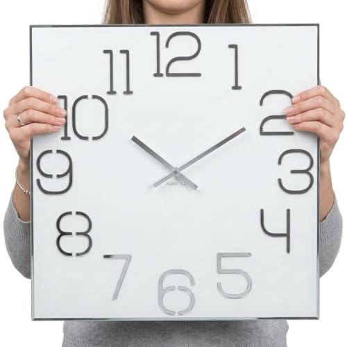 FLEXISTYLE Orologio da parete grande quadrato Digit diametro 50 cm, senza ticchettio, moderno, design in vetro acrilico e specchio acrilico, soggiorno, camera da letto (bianco)