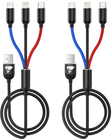 Aioneus Multi Charging Cable, Nylon Braided 3 in 1 Charging Cord Multi USB Cable Fast Charging Cord with Type-C, Micro USB and IPh Port, Compatible with Most Phones & iPads