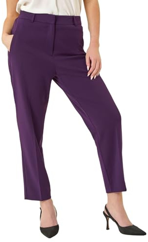 Roman Straight Leg Stretch Trousers for Women UK Ladies Work Office Smart Suit Pants Slacks Cigarette Tailored High Elasticated Waist Ankle Grazer Slim Angela - Purple Short (25 inch) - Size 10
